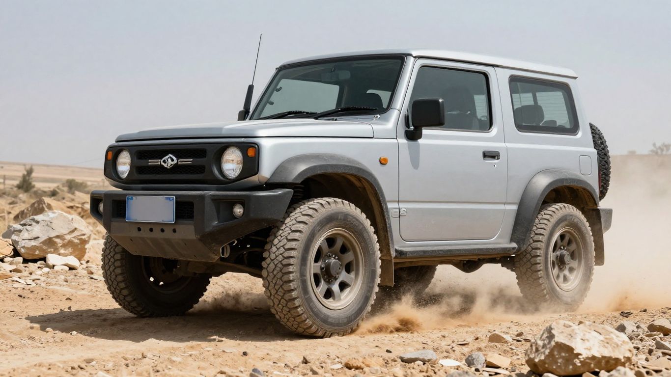 Rugged Suzuki driving on rocky trail