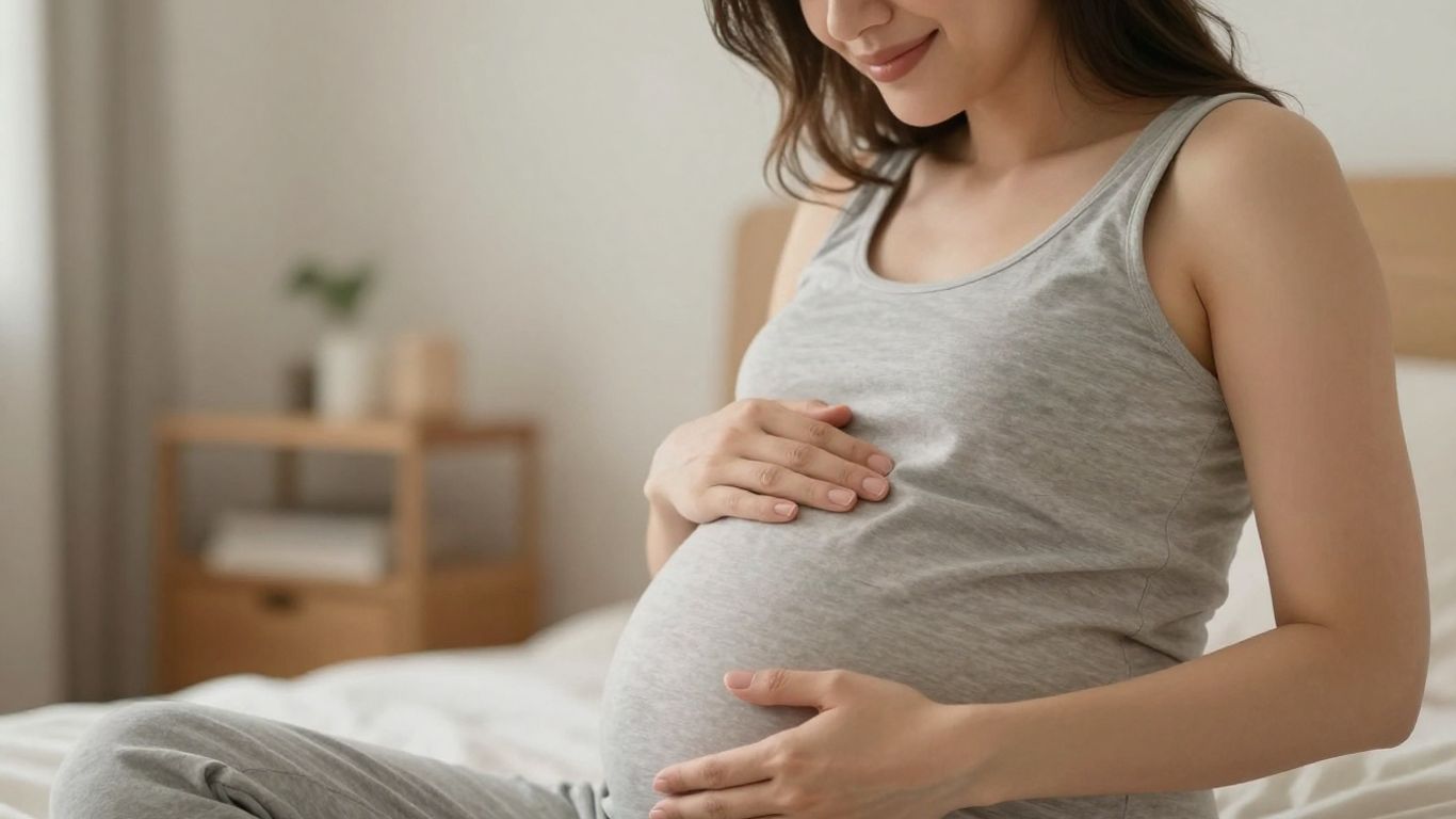 Mujer embarazada de 30 semanas acariciando su vientre.