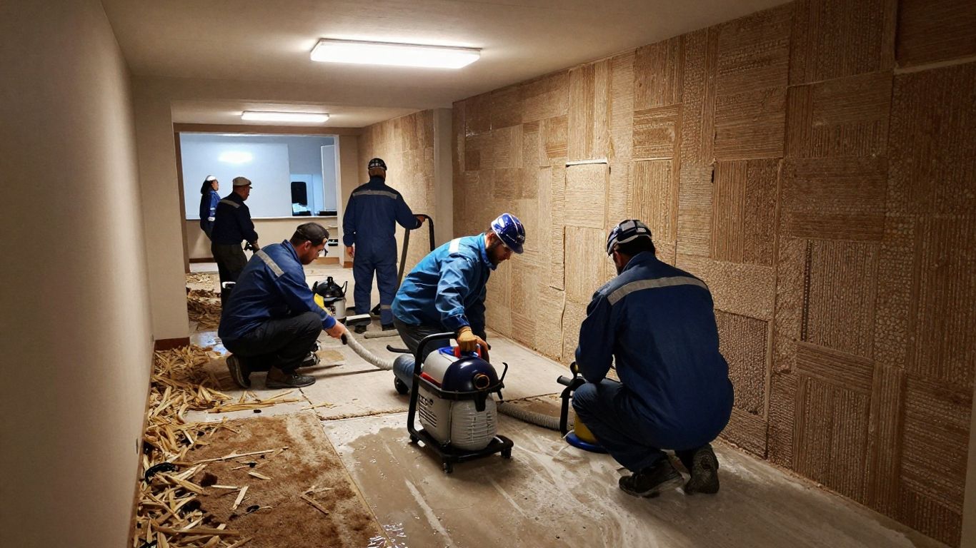 Flood restoration team drying a damaged room with equipment.