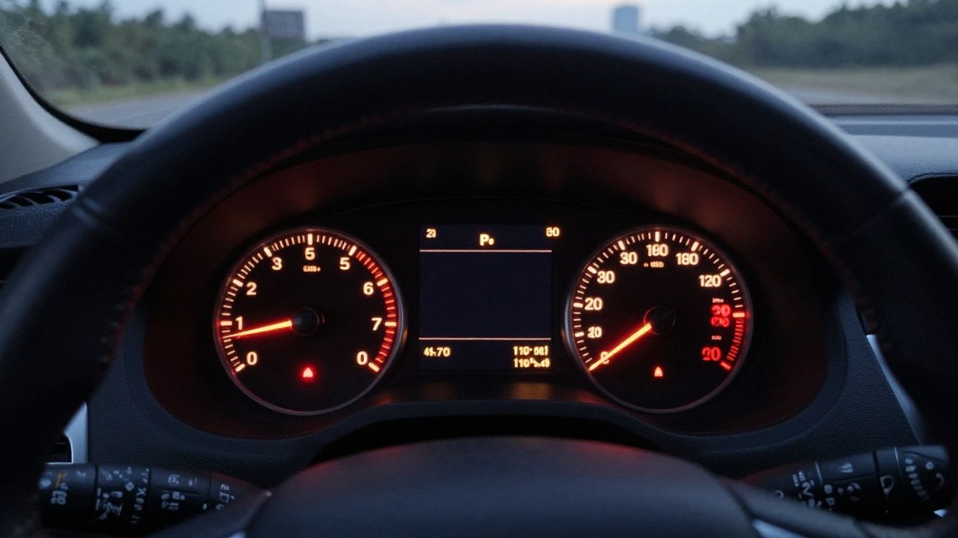 Car dashboard lights glowing in a quiet garage