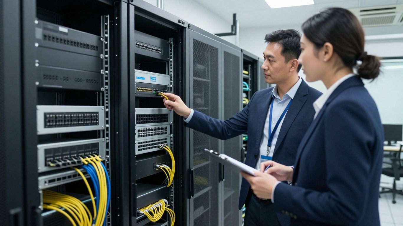 IT consultant reviewing server room equipment