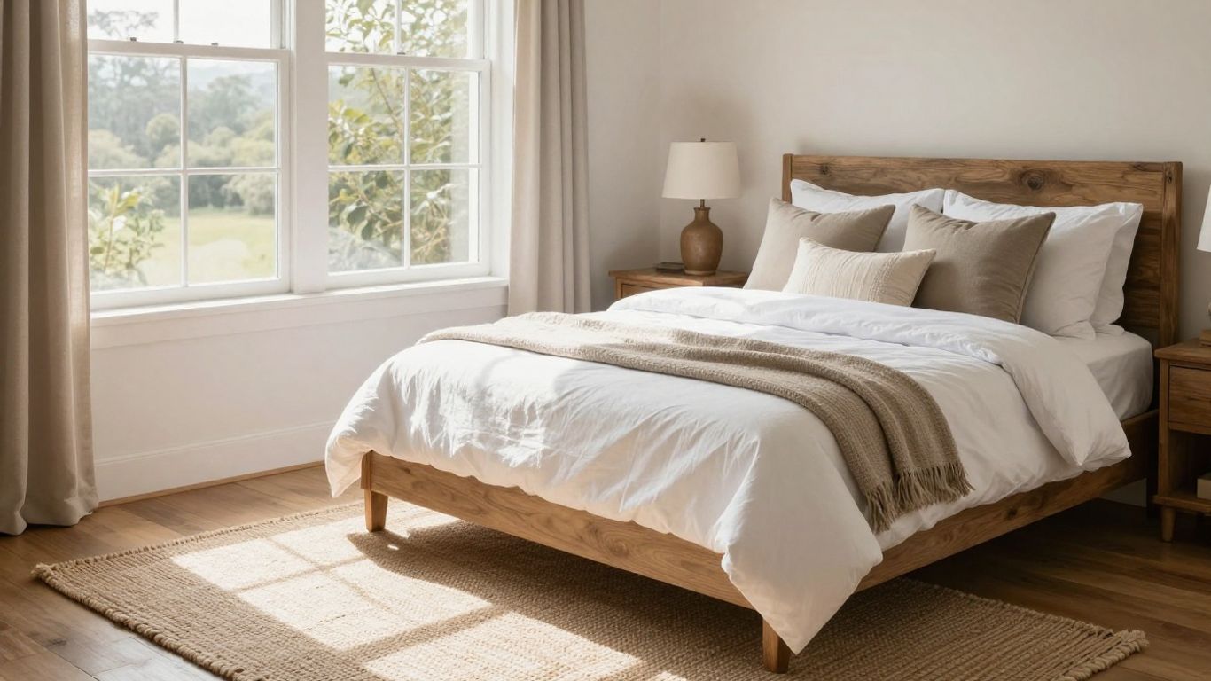 Cozy vacation home bedroom with plush bed and natural light.