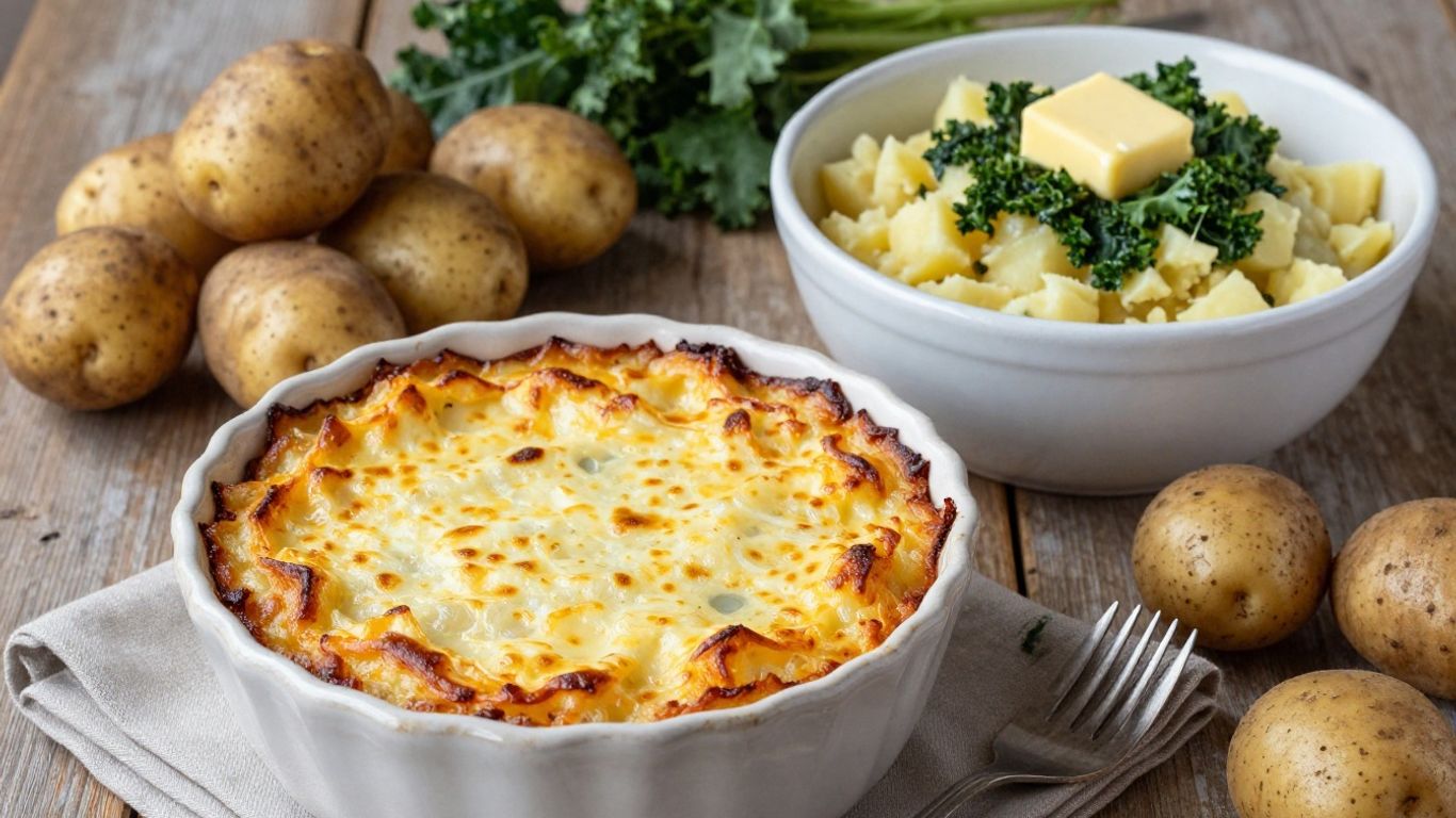 Biologische aardappelschotel en stamppot op tafel