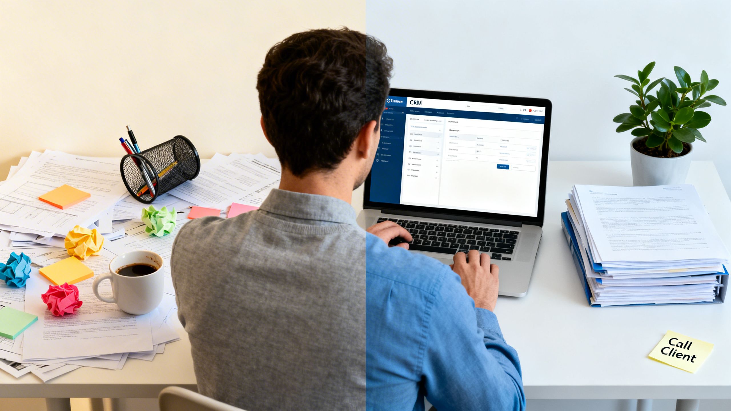Un confronto affiancato che mostra una scrivania disordinata e caotica con post-it rispetto a una scrivania pulita con una persona che utilizza in modo efficiente un CRM su un laptop.