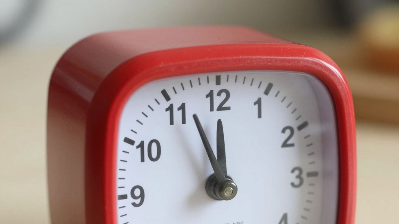Red Pomodoro timer on a blurred desk background.
