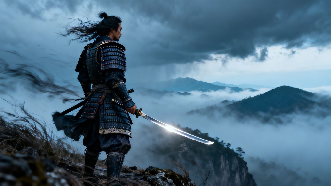 Samurai warrior on a cliff overlooking a misty landscape.