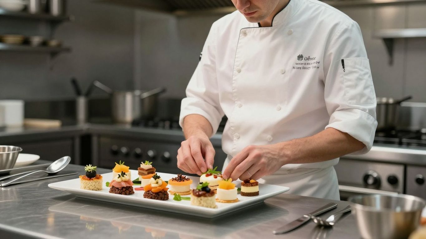 Chef arranging gourmet food in a professional kitchen.