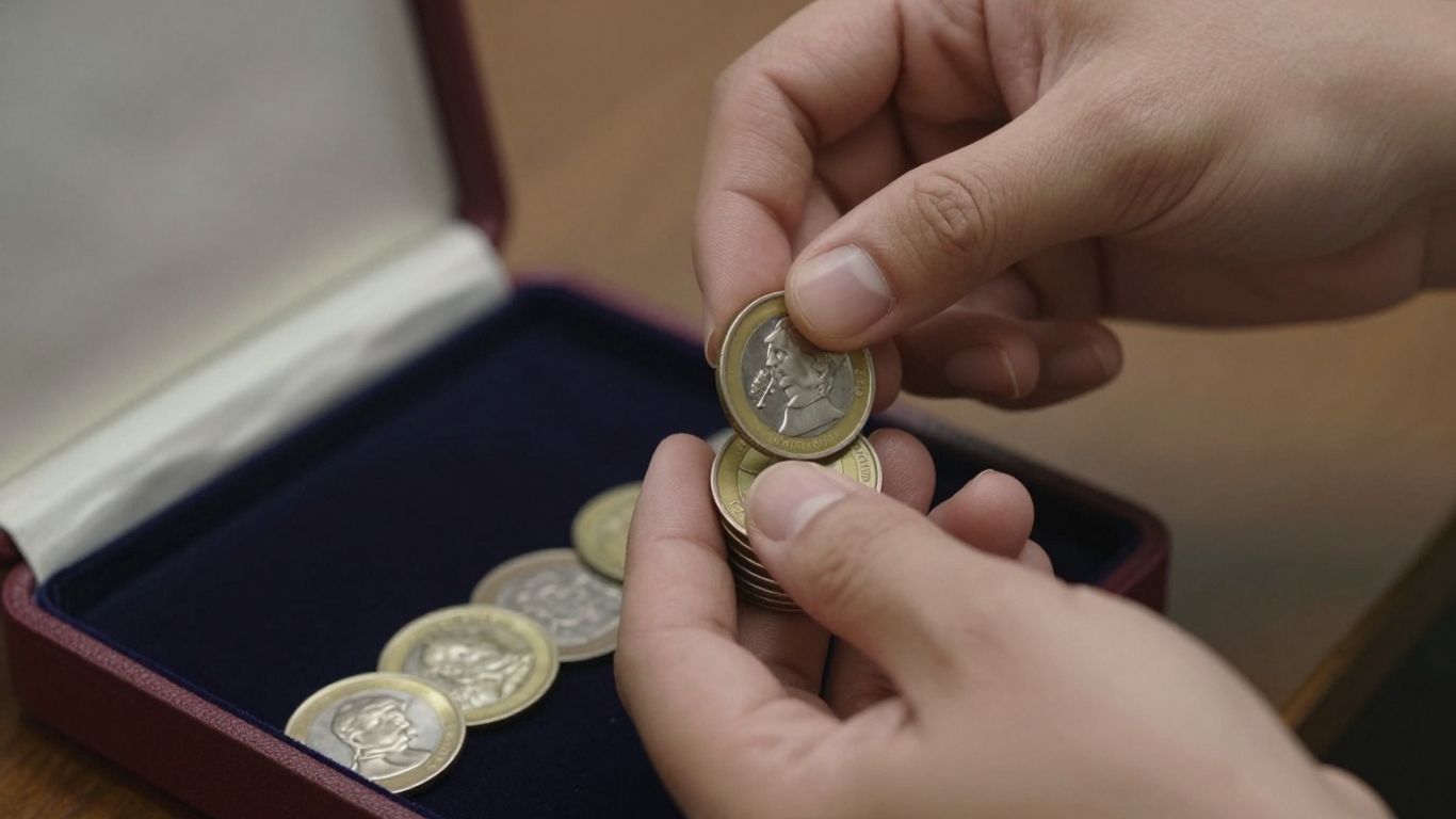 Hand placing coin in display case, heirlooms