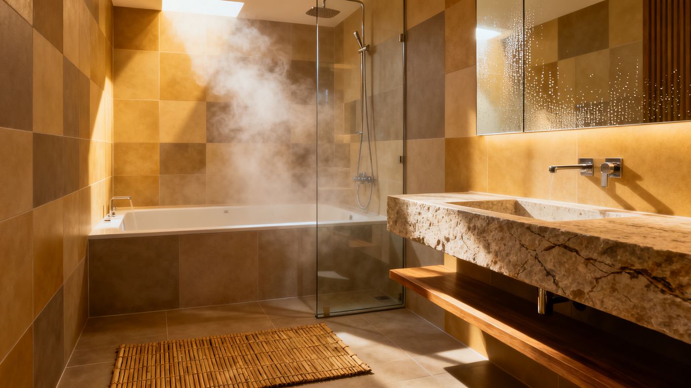 A steamy tropical bathroom environment