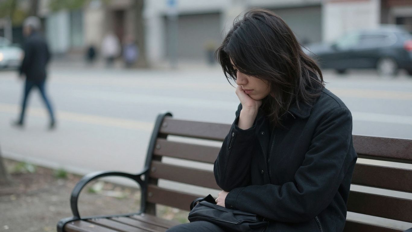 Person on park bench, looking thoughtful, urban background.