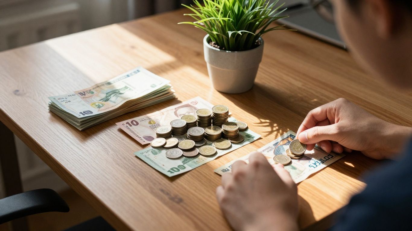 Persona organizando dinero y plantas.