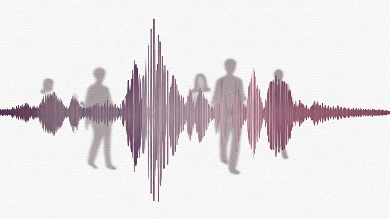 Distorted sound waves with faint celebrity silhouettes.
