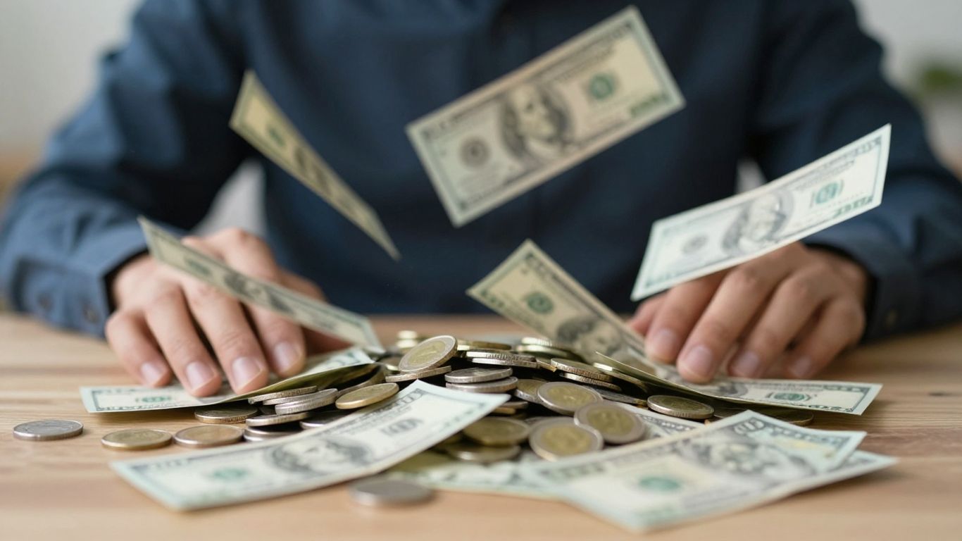 Dinero volando y persona preocupada.