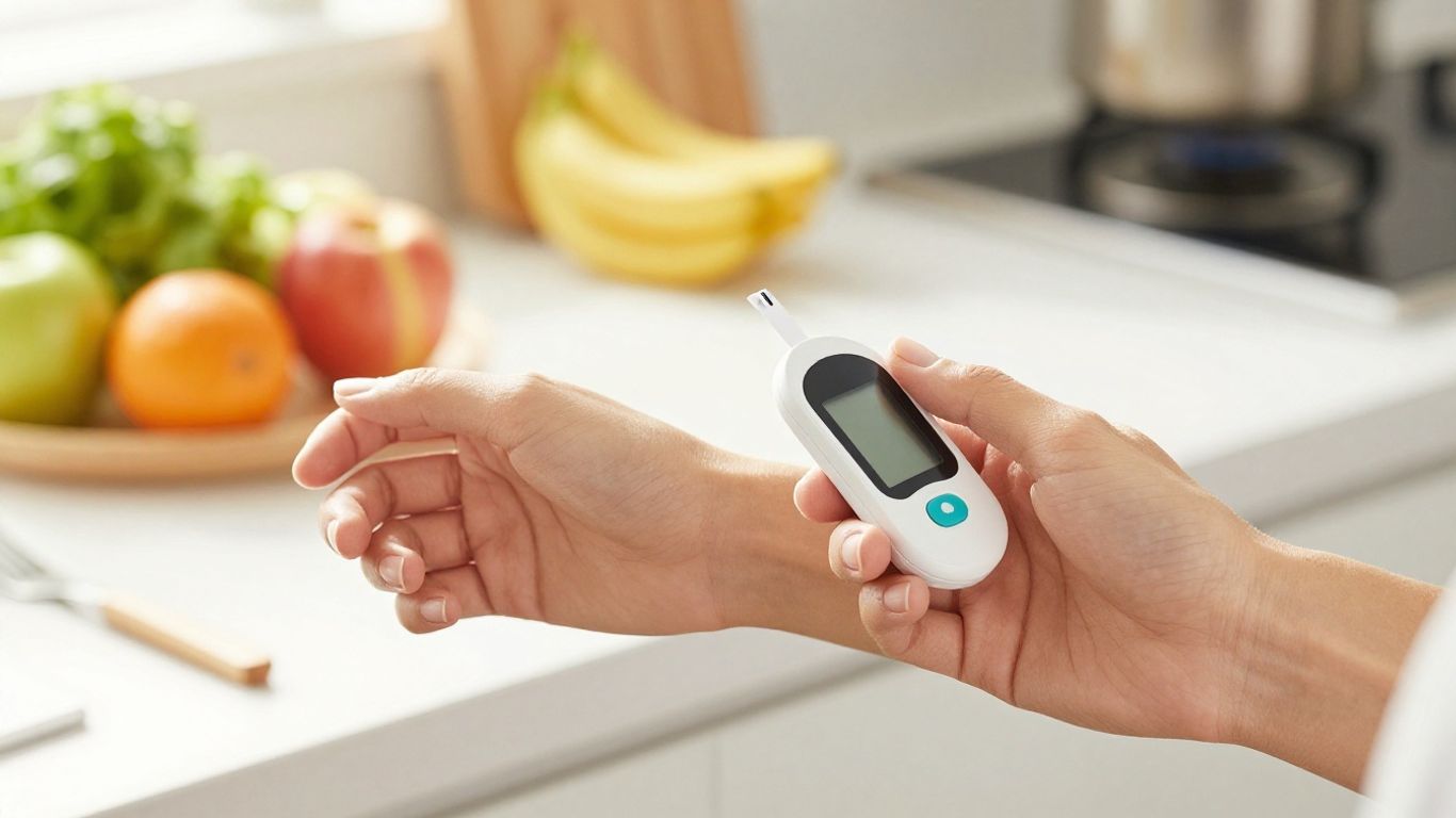 Person holding a CGM device with healthy food in background. cgm for weight loss