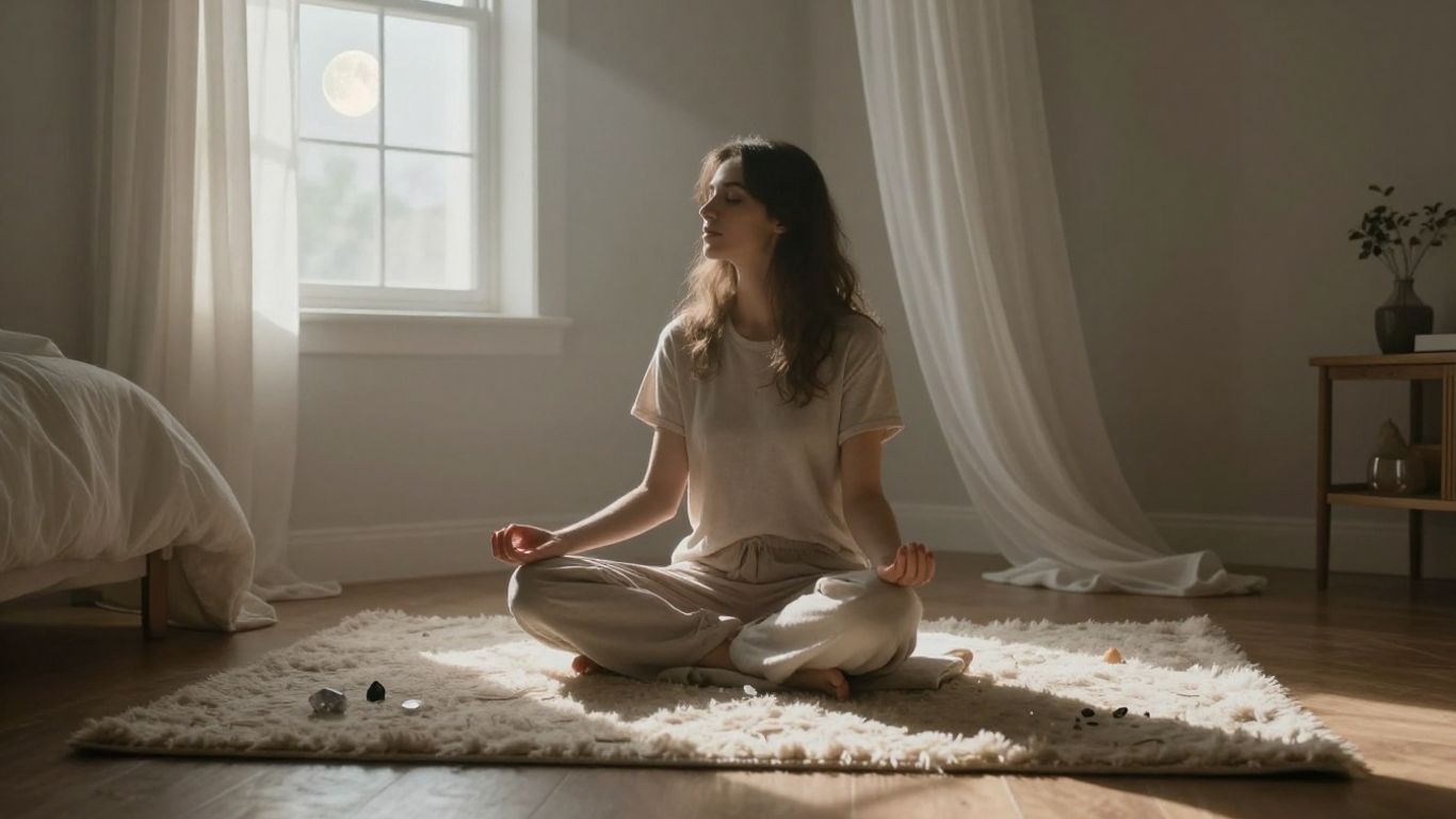Person meditating in moonlight, symbolizing emotional wellness.