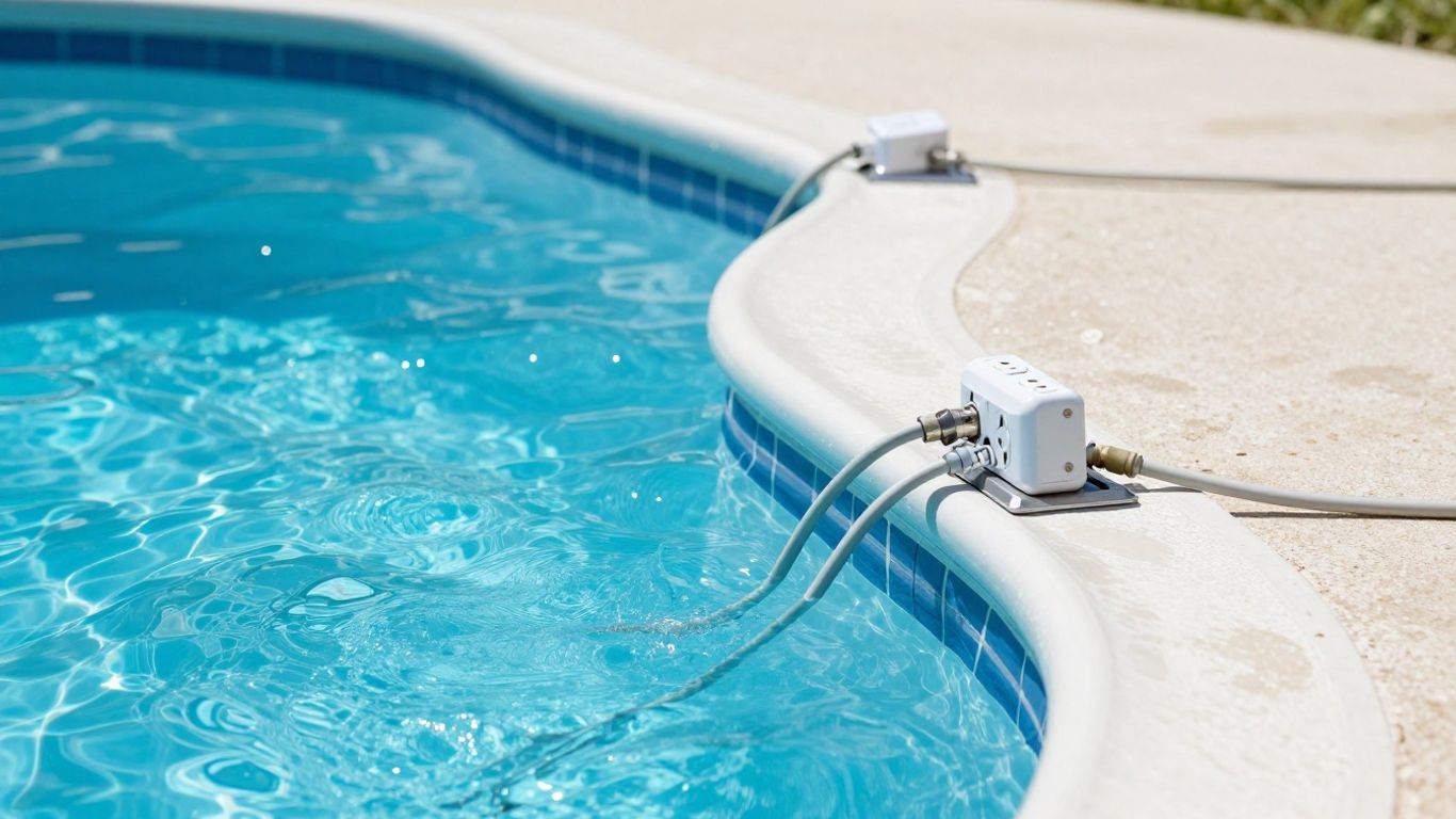 Safe electrical setup near a sparkling blue pool and spa.