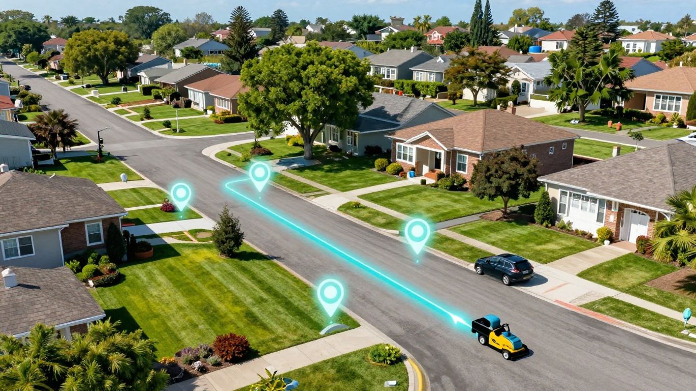 Lawn care route optimization with targeted neighborhood advertising.