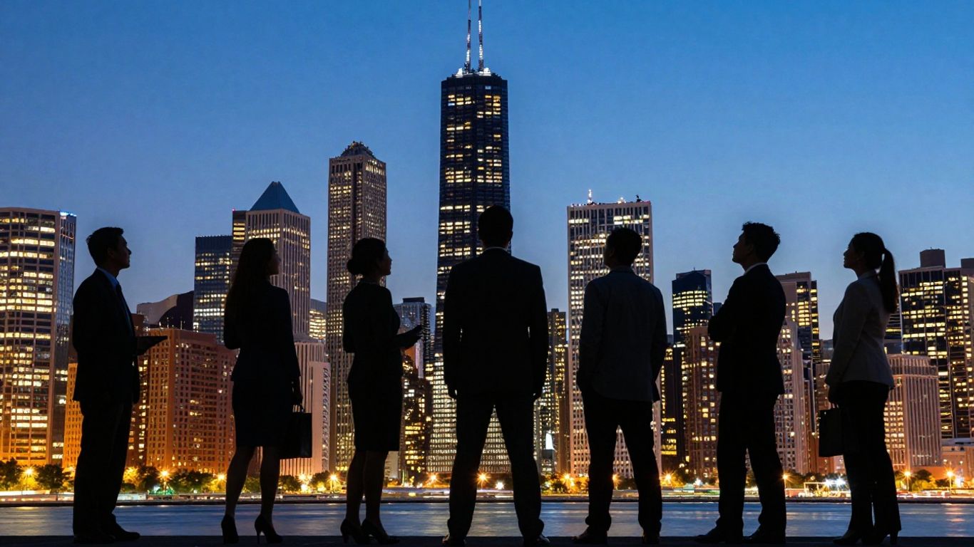 Chicago skyline with professionals looking towards opportunity.
