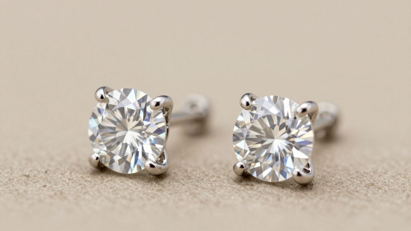 Sparkling diamond stud earrings on a neutral background.
