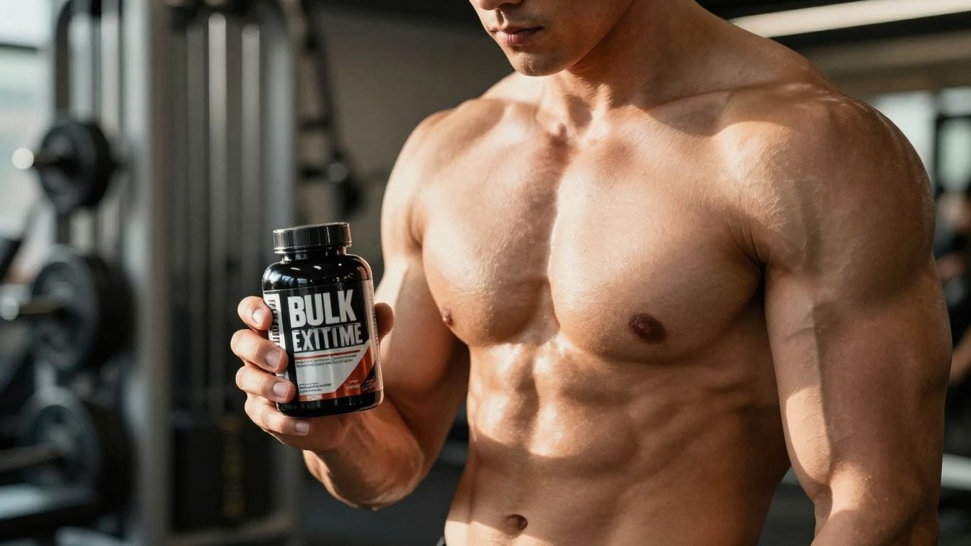 Man holding Bulk Extreme supplement bottle in gym.