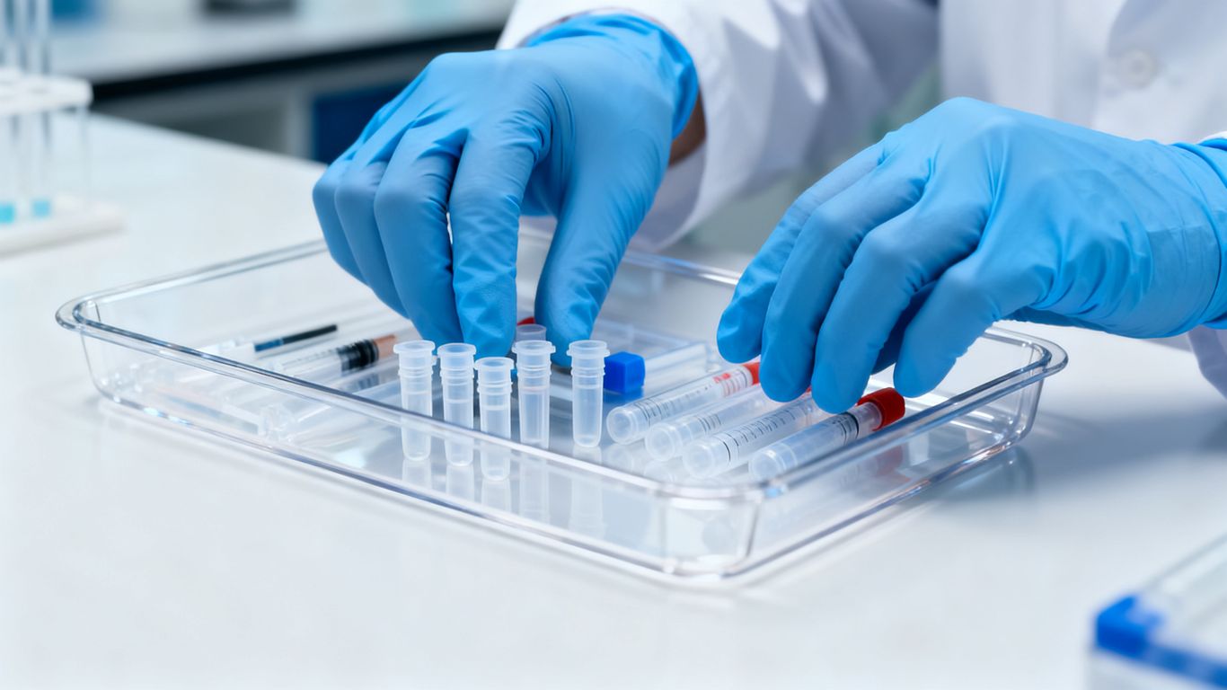 A technician preparing different medical test containers