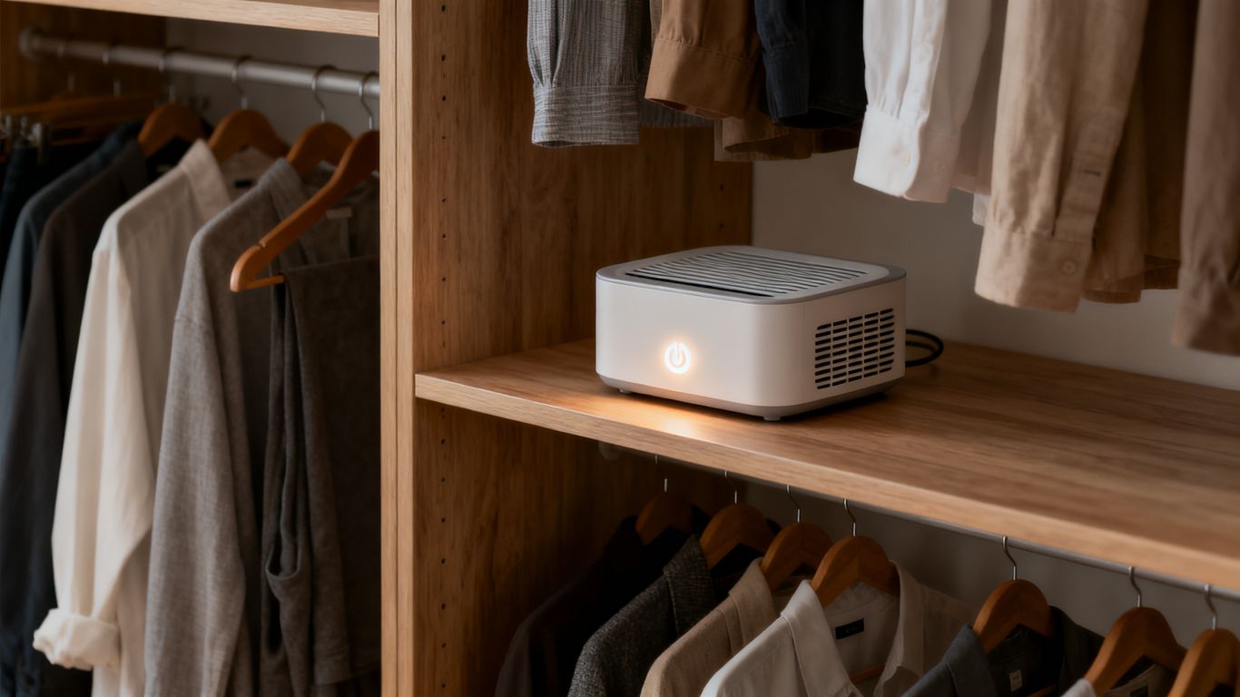 Compact electric dehumidifier inside a wooden wardrobe