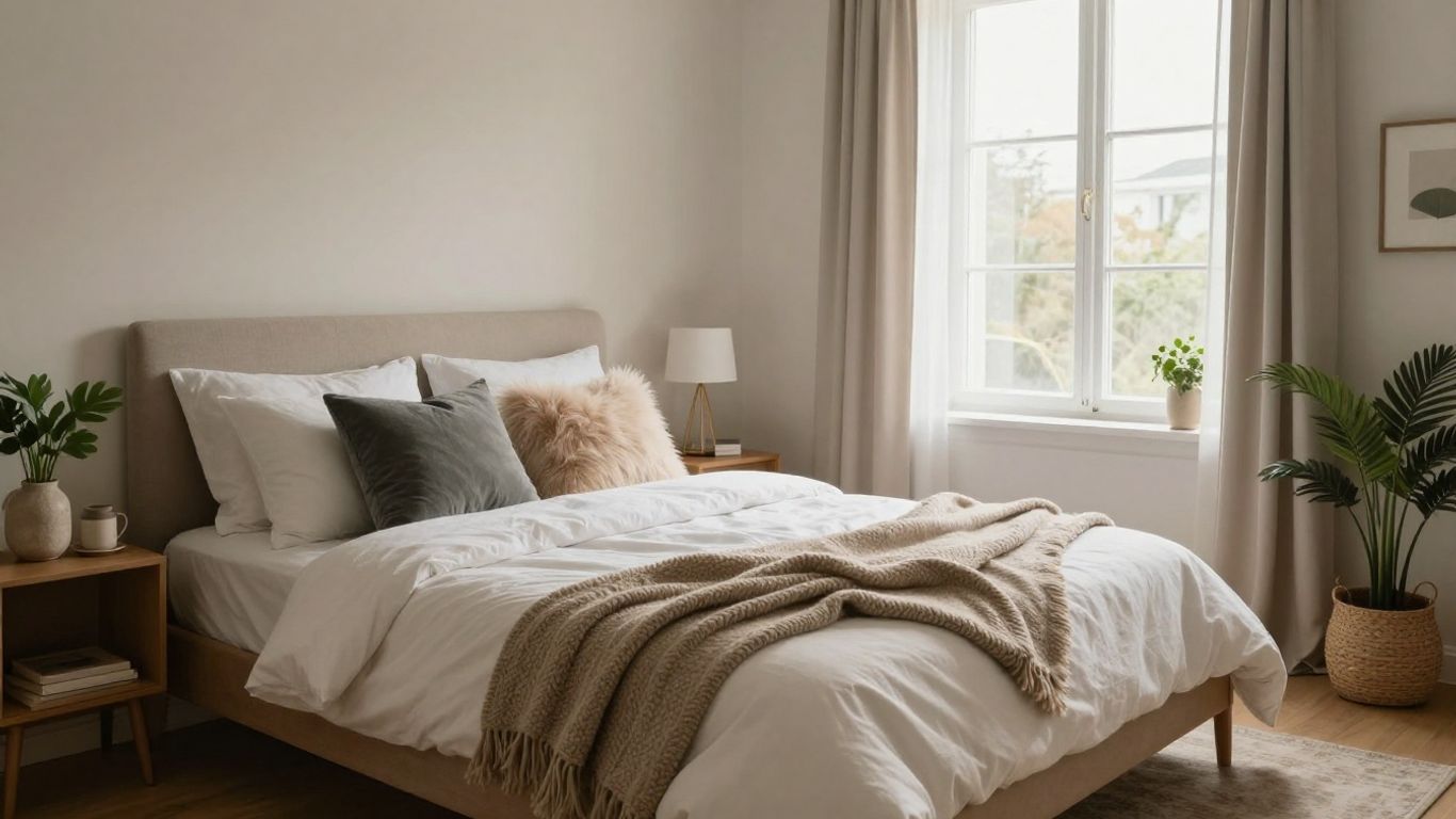 Almohadas de varios tipos en cama de Airbnb elegante