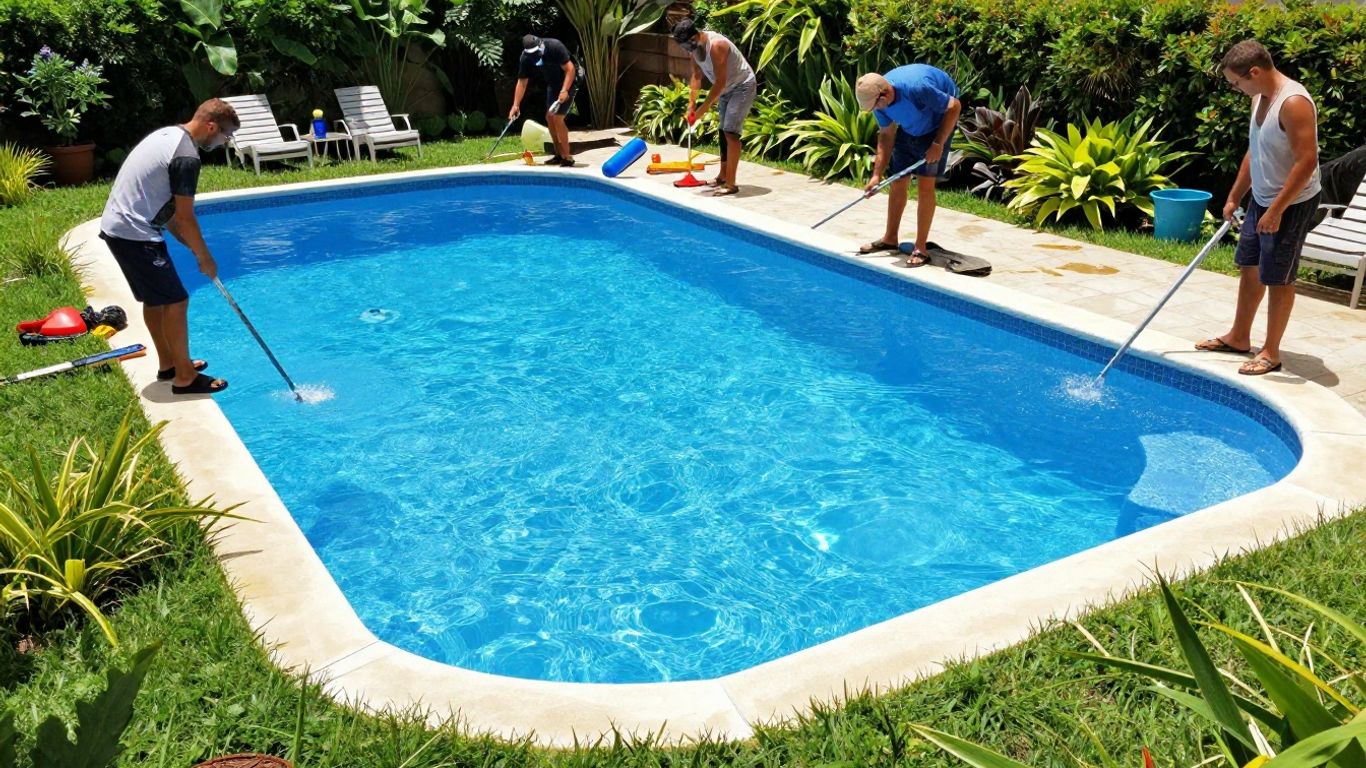 Newly installed fiberglass pool in a backyard.