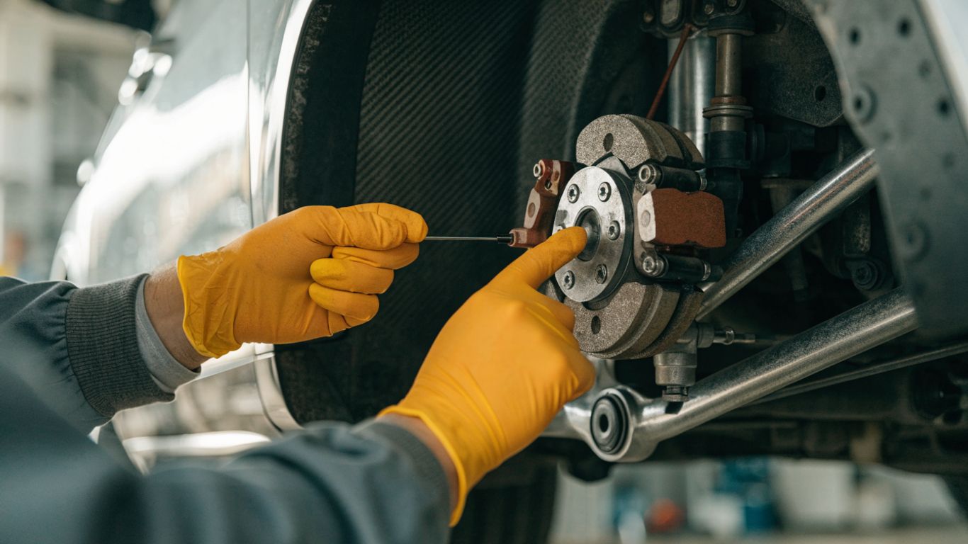 Technician inspecting an electronic parking brake