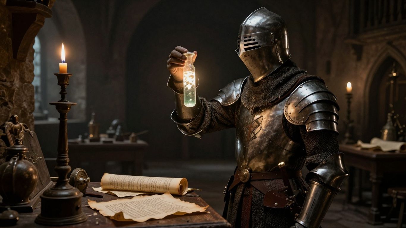Knight studying a glowing SARM vial in a medieval setting.