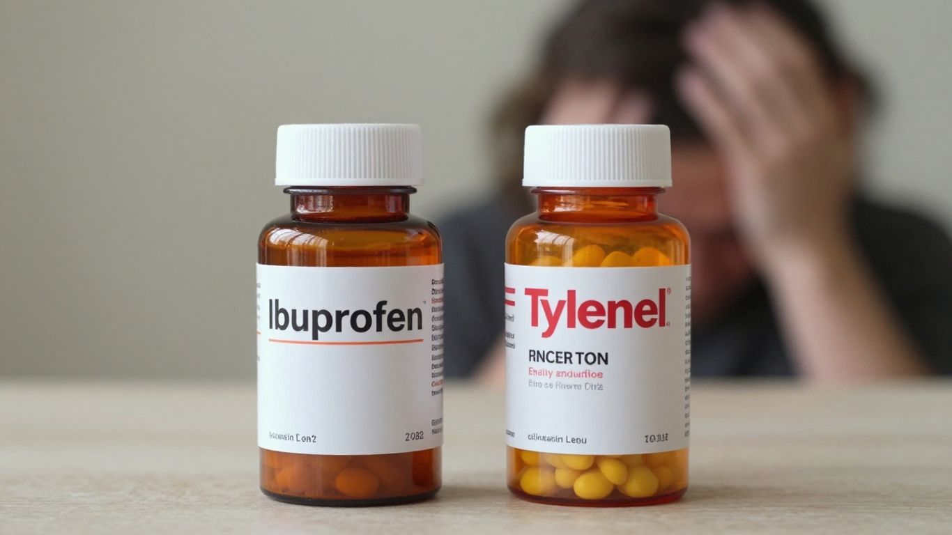 Ibuprofen and Tylenol bottles with a person holding their head.