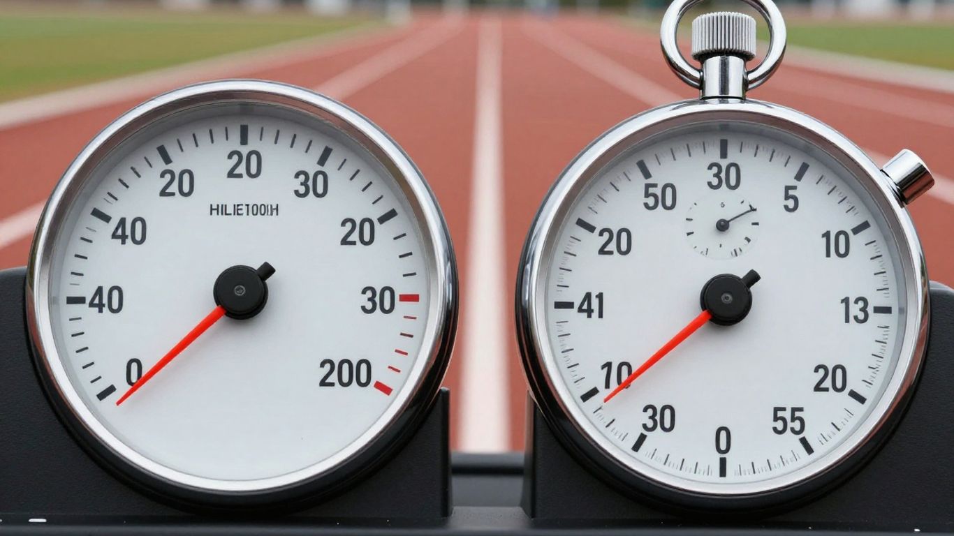 Speedometer and stopwatch showing fast MPH and pace.