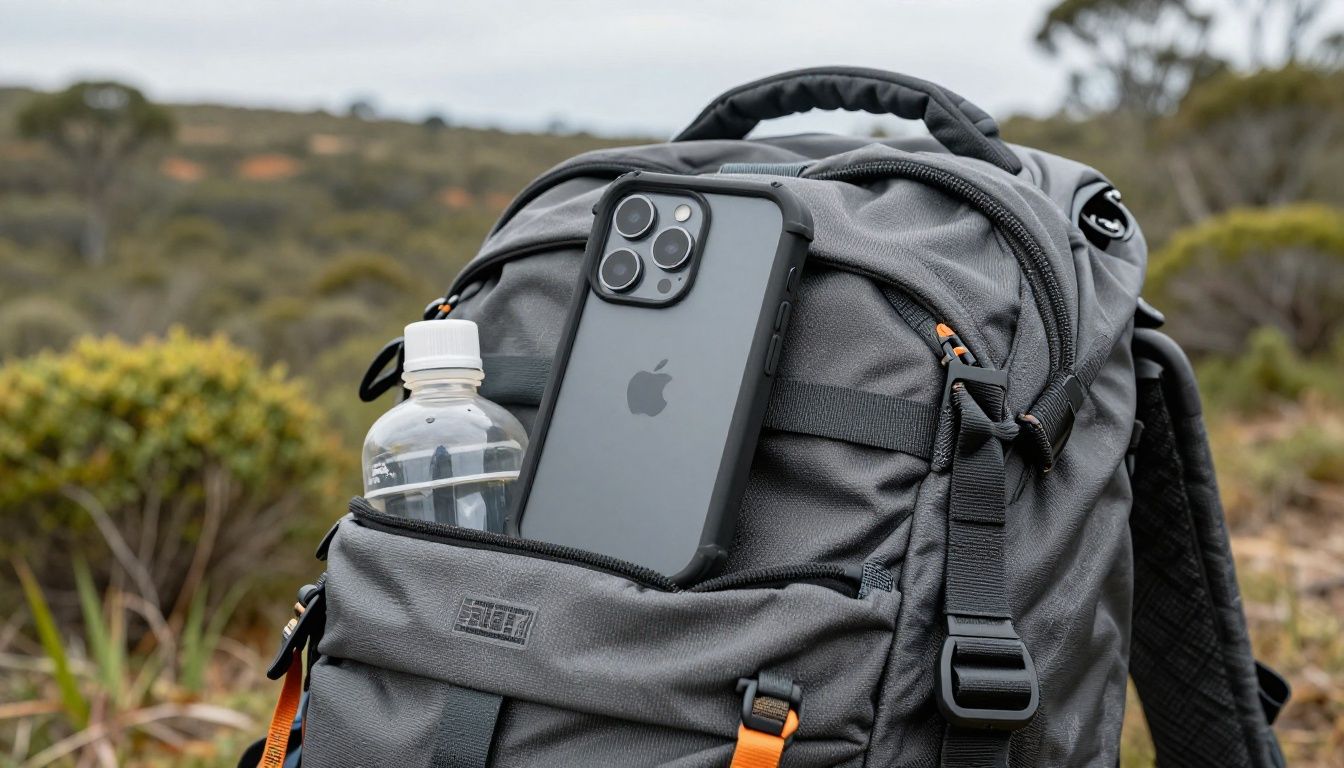 An iPhone 17 in a sturdy case resting on a hiking backpack next to a water bottle, with a scenic Australian bush trail in the background.