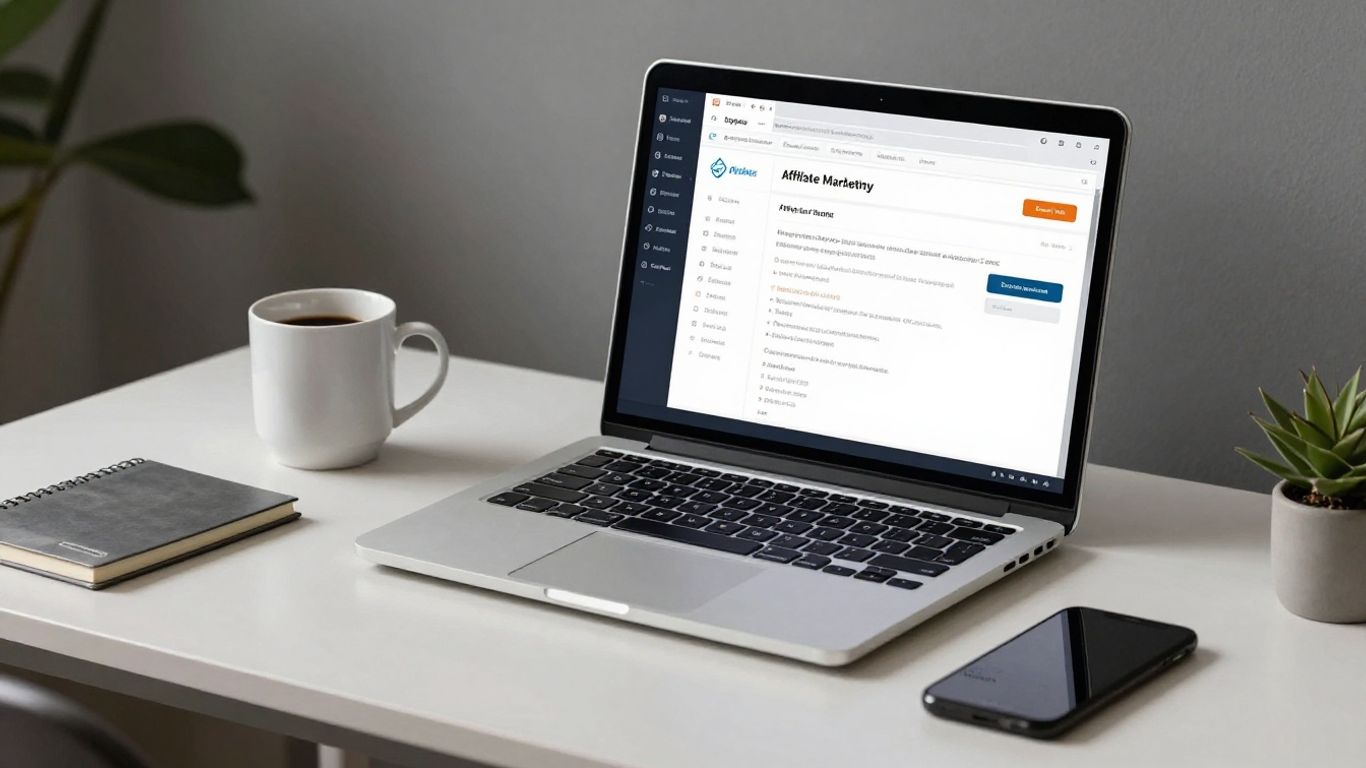 Affiliate marketing software interface on a laptop screen.
