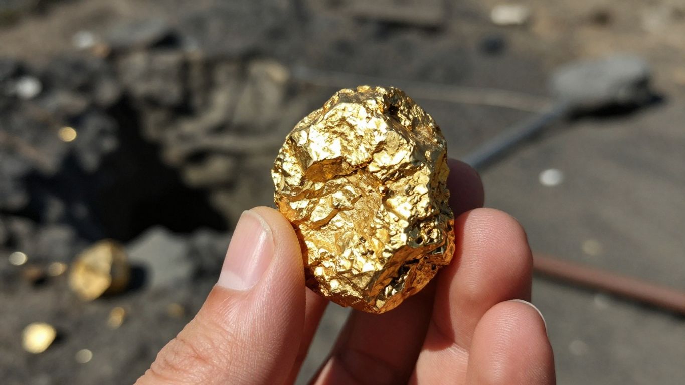 Main d'or tenant une pépite d'or devant une mine.