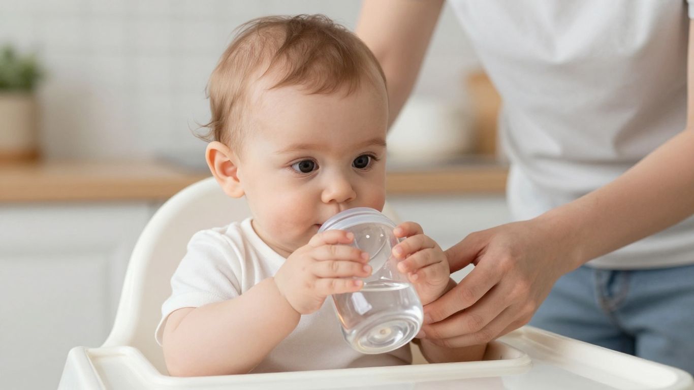 Bebé tomando agua en una silla alta con ayuda adulta.