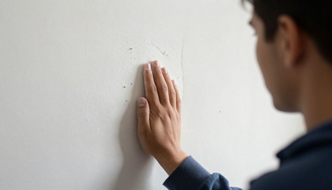 A plasterer's hand tapping a wall with their knuckles to check for the hollow sound of blown plaster.