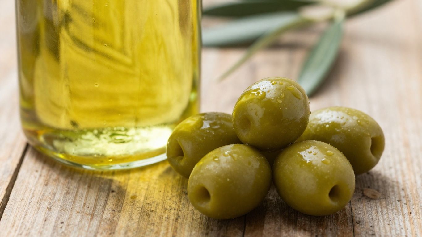 Olivenöl in Flasche mit Oliven auf Holztisch
