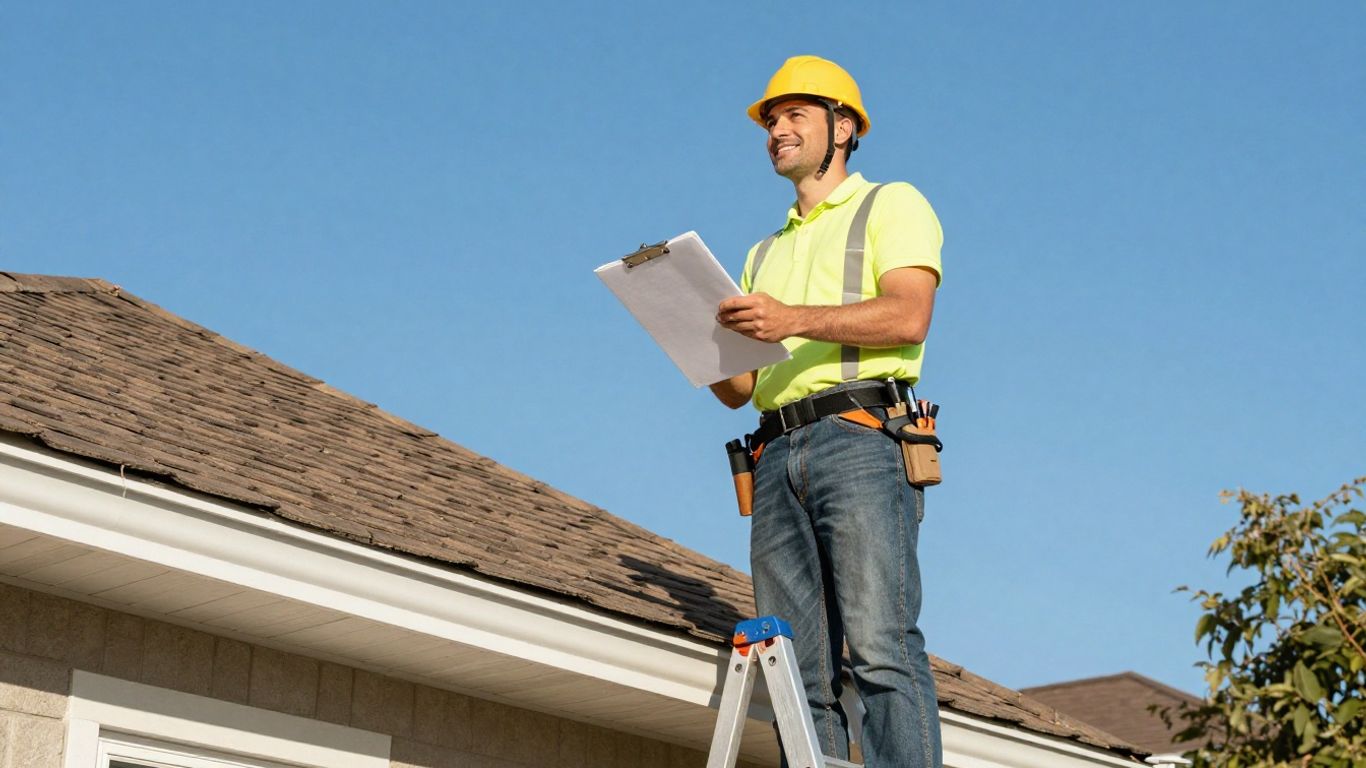 Roofing salesperson on ladder with new roof.
