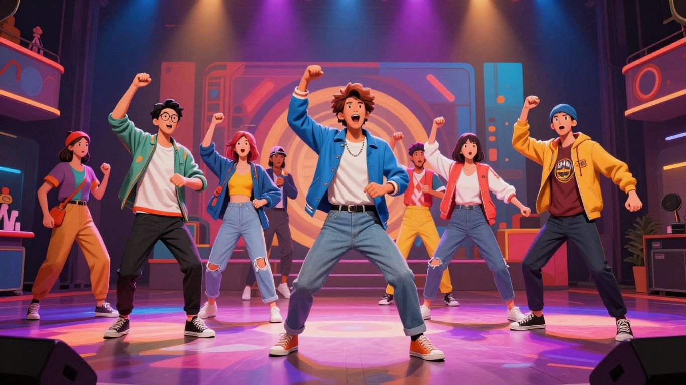 Dynamic figures in a vibrant, game-like entertainment setting.