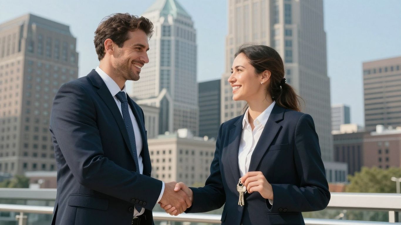 Couple getting mortgage keys from broker in Indianapolis.