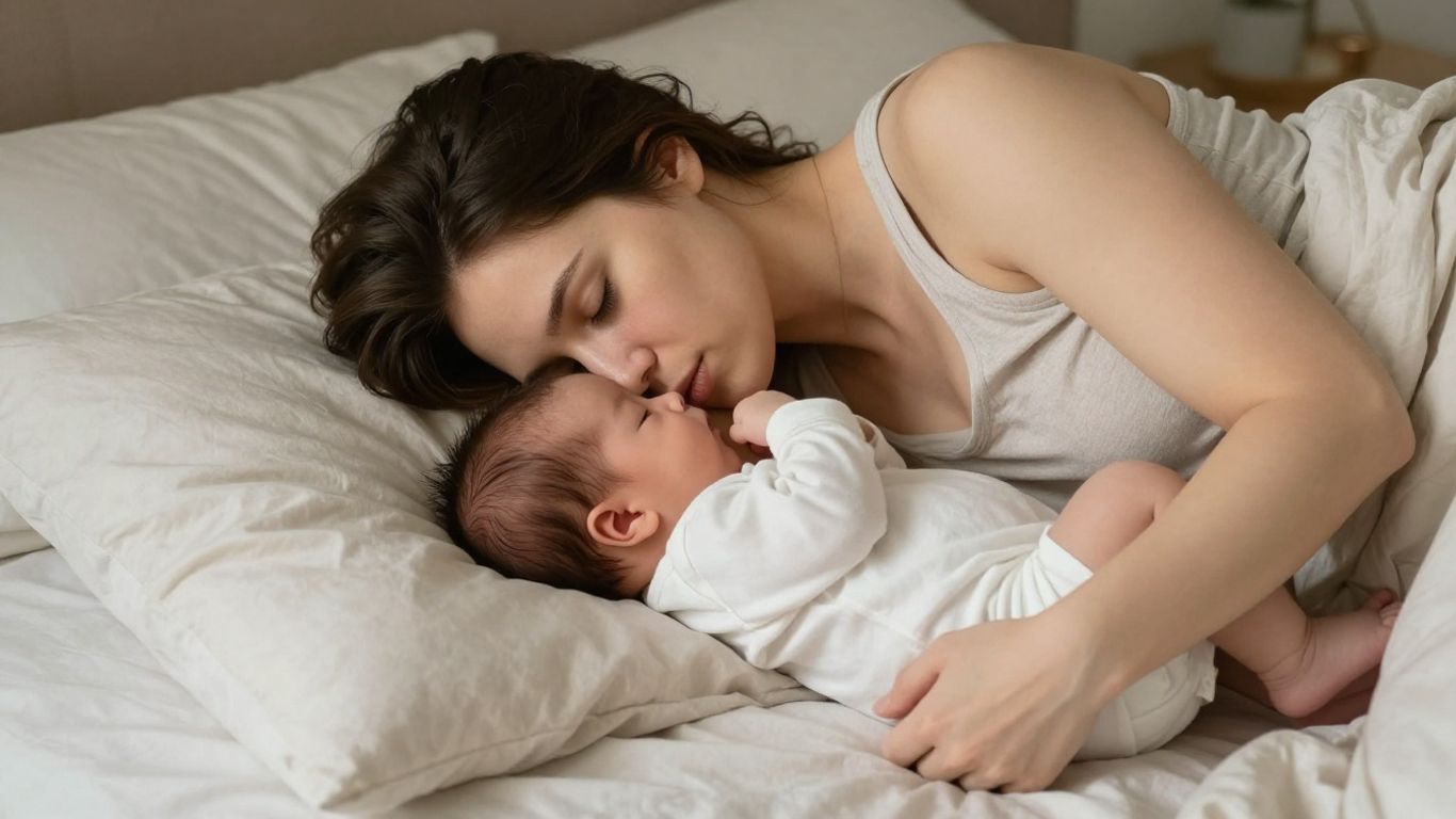 Madre y bebé amamantando de lado en una cama segura