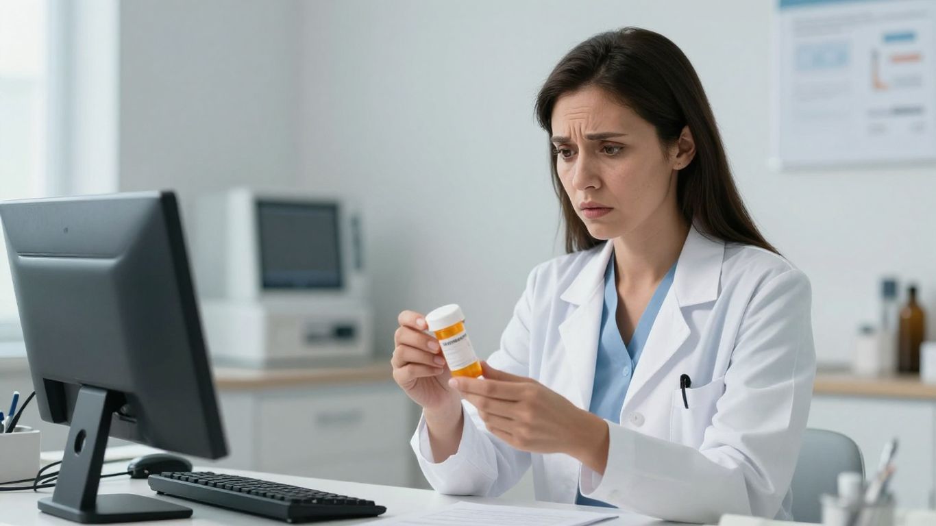 Mulher preocupada em consultório médico com receita médica.