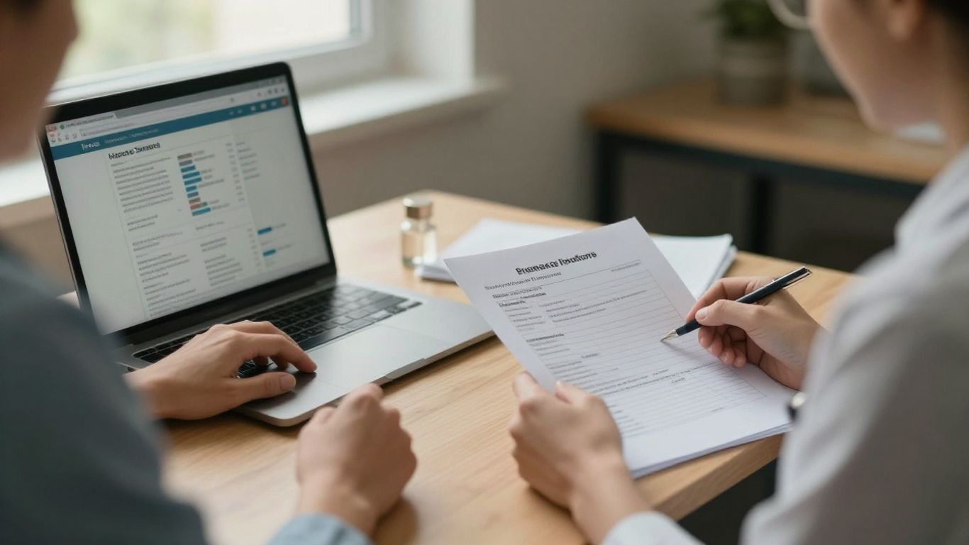 Behavioral health clinician reviewing billing records at desk