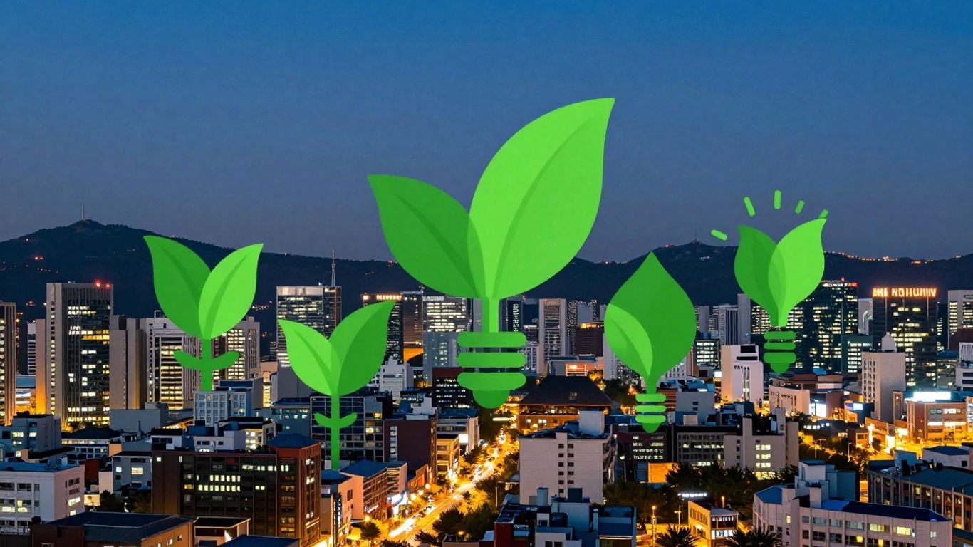 Seoul cityscape with green energy symbols at dusk.