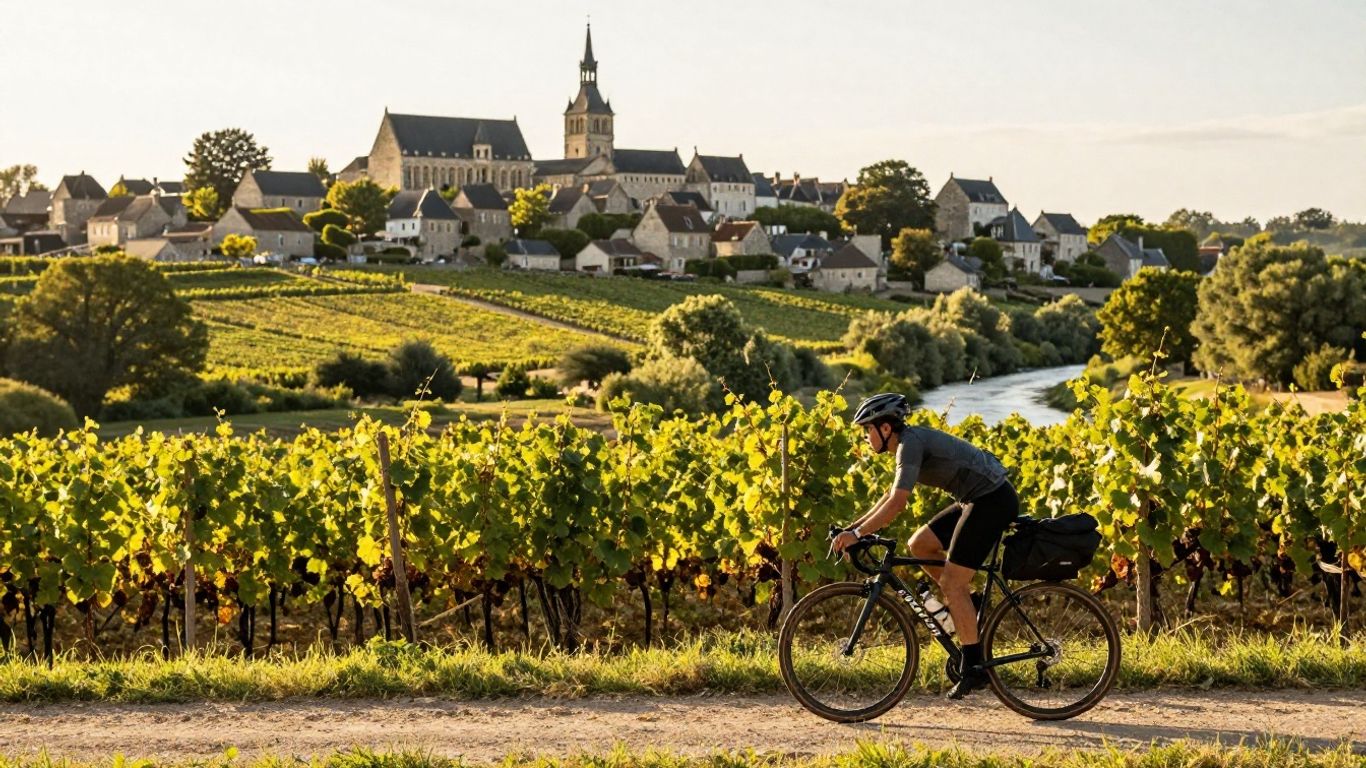 Cyclist passing Loire vineyards near Tours