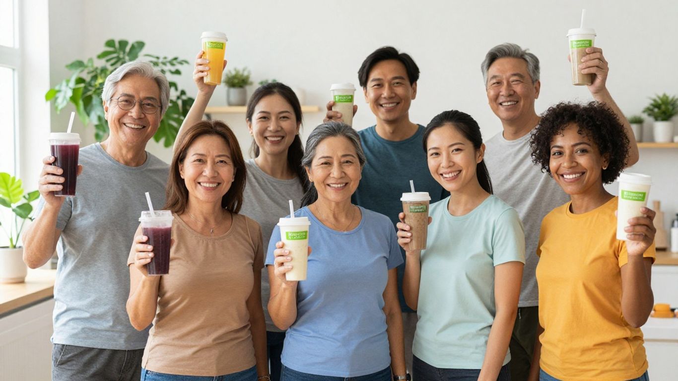 Group holding Herbalife shakes in bright kitchen