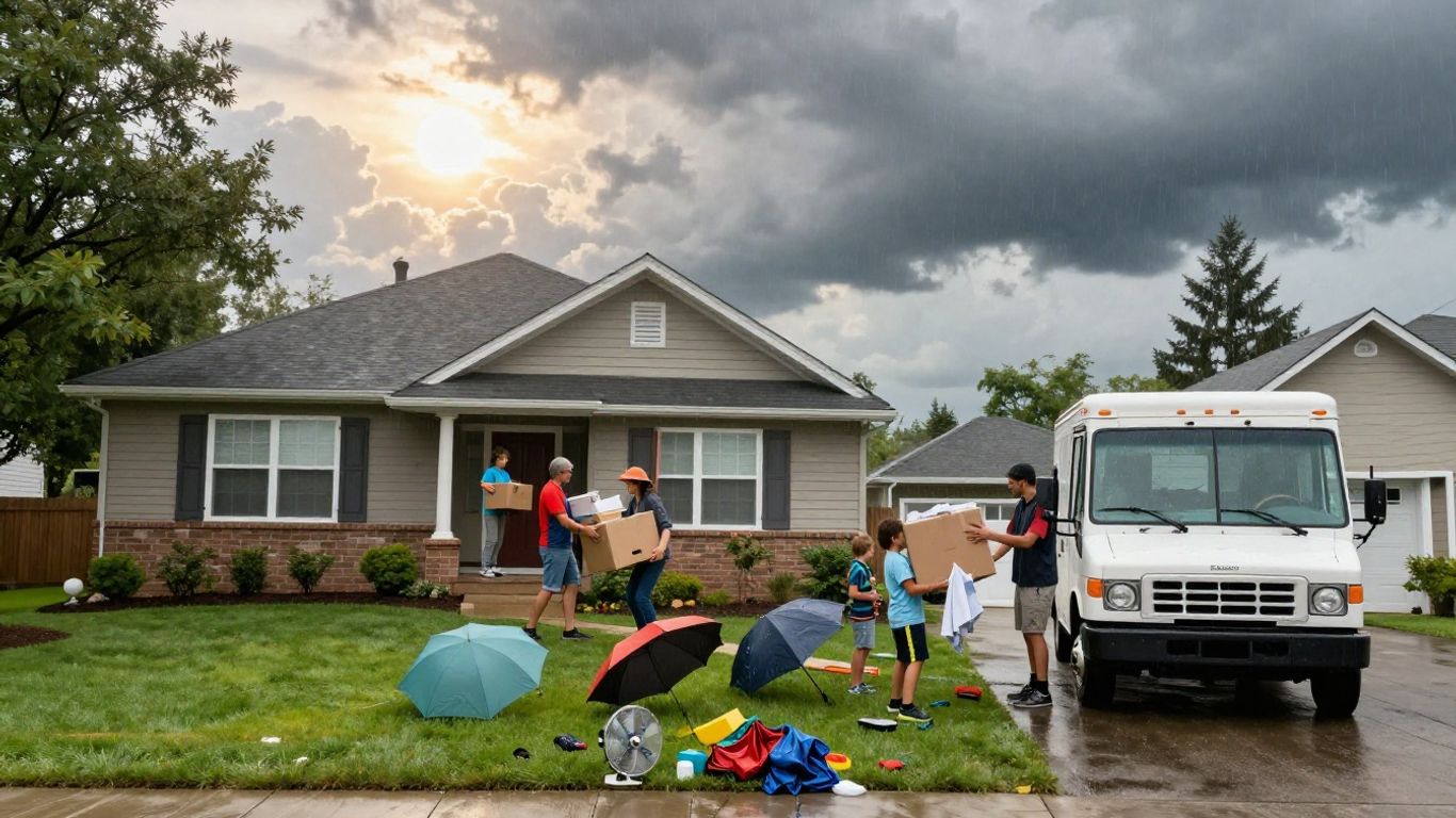 Family moving boxes under changing weather conditions