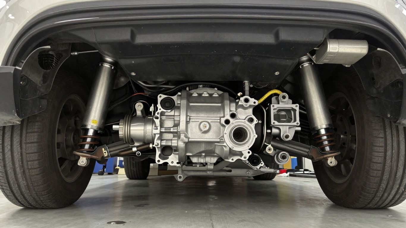 Vehicle drivetrain viewed beneath a raised car