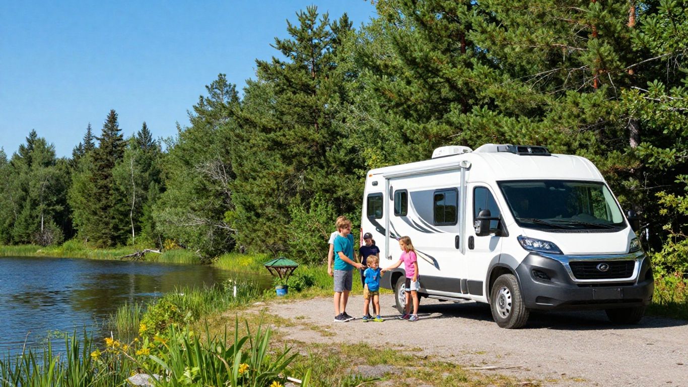 Family RV camping by a lake in Canada during June.